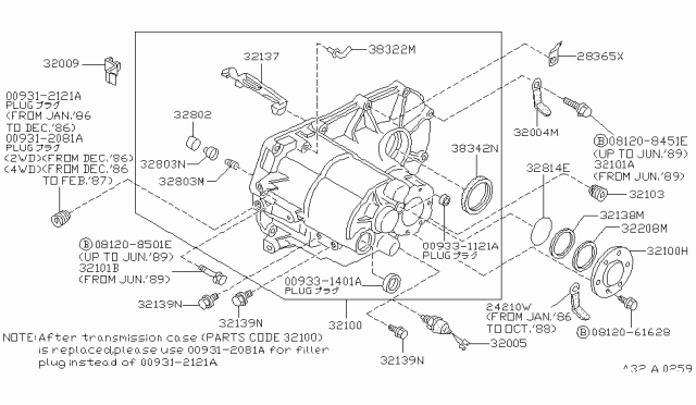 1989 Nissan Sentra Case Assembly Transmission Diagram for 32100-D4505