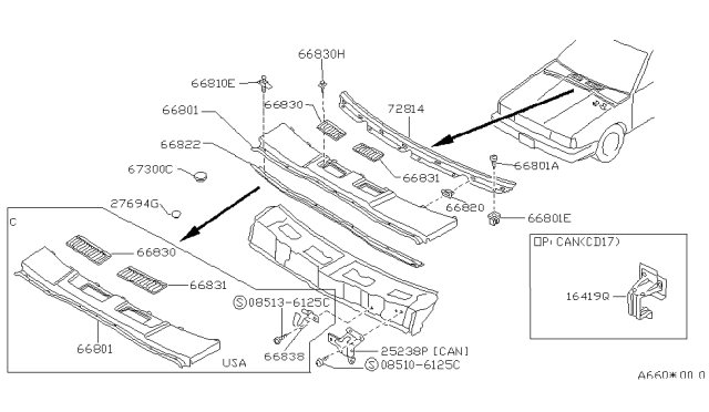 1987 Nissan Sentra Grille-COWL Top Diagram for 66812-60A00