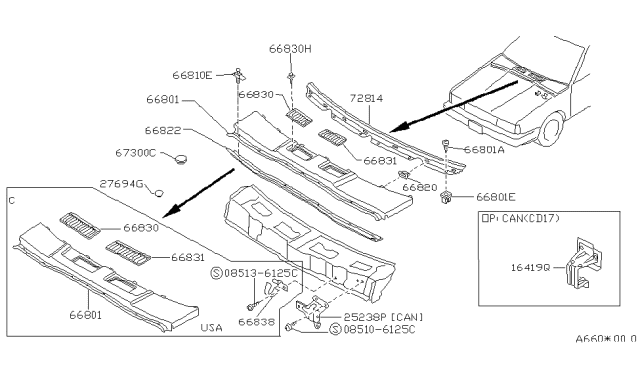 1987 Nissan Sentra FINISHER-COWL Top Grille LH Diagram for 66815-57A00