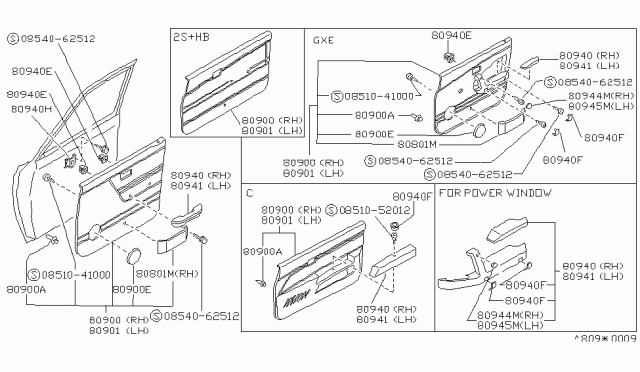 1989 Nissan Sentra FINISHER Assembly Front Door RH Diagram for 80900-69A62