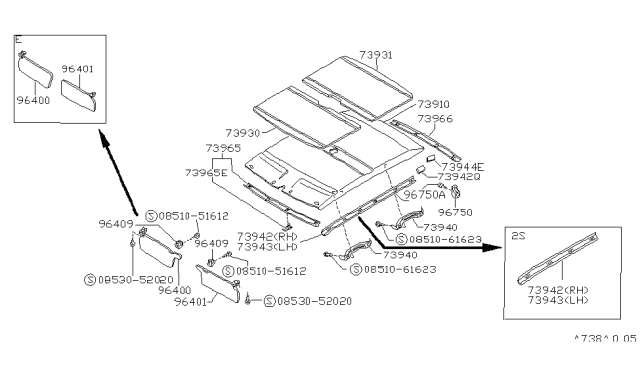 1989 Nissan Sentra Right Sun Visor Assembly Brown Diagram for 96400-Q5265