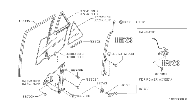 1990 Nissan Sentra Channel Assembly Glass Bottom R Diagram for 82232-50A00