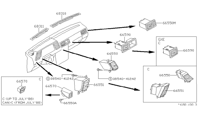 1987 Nissan Sentra Garnish Instrument Passenger Side Diagram for 68743-60A11
