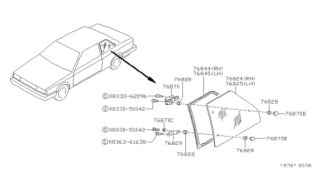 1988 Nissan Sentra Glass Side Window LH Blue Diagram for 83301-57A00