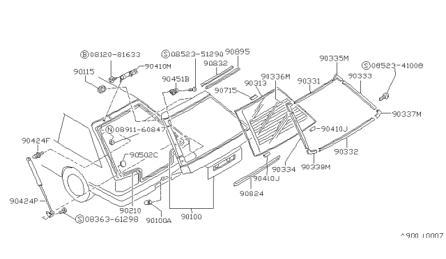 1989 Nissan Sentra Back Door Panel & Fitting Diagram 2