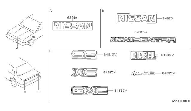 1988 Nissan Sentra Emblem & Name Label Diagram