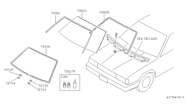 1988 Nissan Sentra Windshield Glass Diagram for 72712-65A00