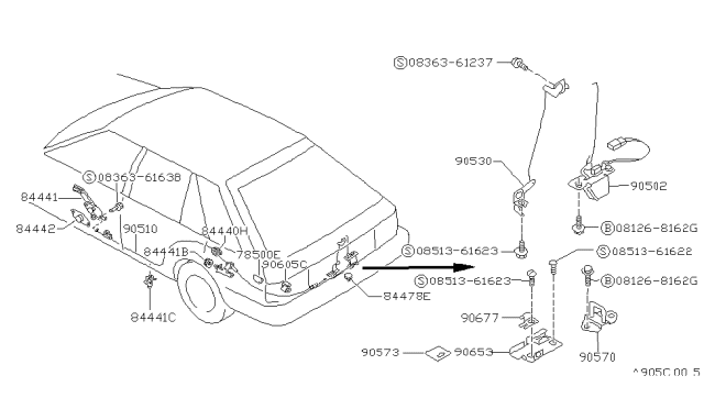 1990 Nissan Sentra Cable Trunk Lid Opener Diagram for 90510-65A05