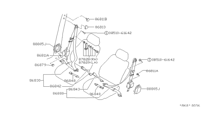 1990 Nissan Sentra Belt Front Seat Buckle Right Brown Diagram for 86842-61A00