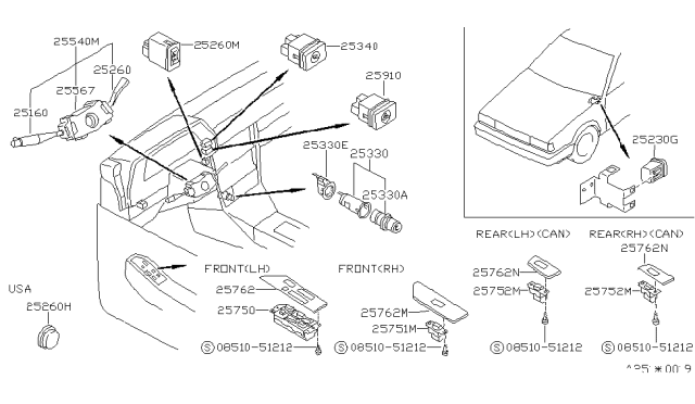 1988 Nissan Sentra Combination Switch Body Diagram for 25567-V5000