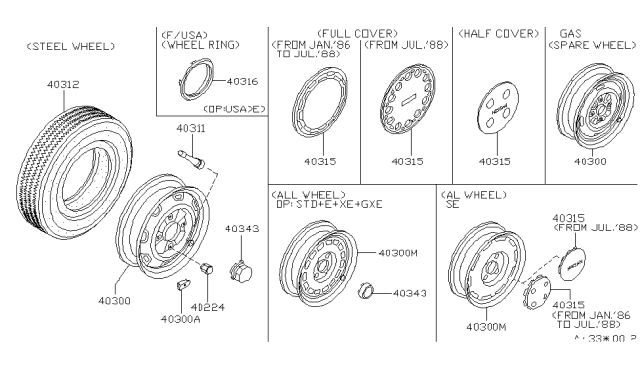 1990 Nissan Sentra Road Wheel & Tire Diagram