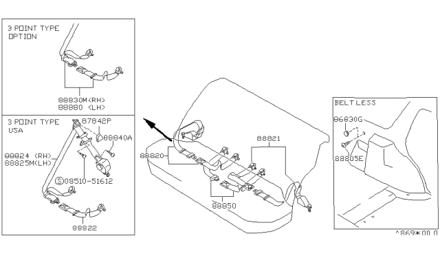 1988 Nissan Sentra Rear Seat Belt Set, 2Point Right Diagram for 88820-61A02