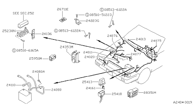 1987 Nissan Sentra Harness Assembly Engine Room Sub Diagram for 24077-61A00