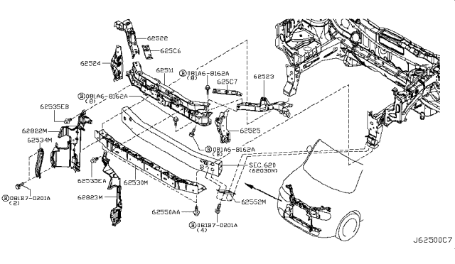 2011 Nissan Cube Stay Radiator Core Support Diagram for 62535-1FC0H