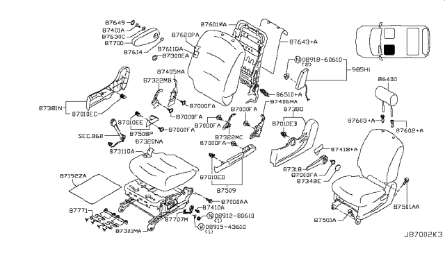 2009 Nissan Cube Front Seat Armrest Assembly Diagram for H7750-1A83B