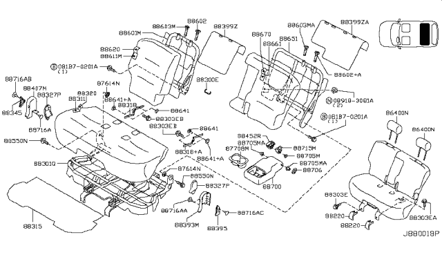 2013 Nissan Cube Rear Seat Armrest Assembly Diagram for 88750-1FN0C