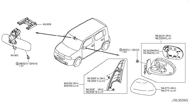 2014 Nissan Cube Glass - Mirror, LH Diagram for 96366-1FC1A