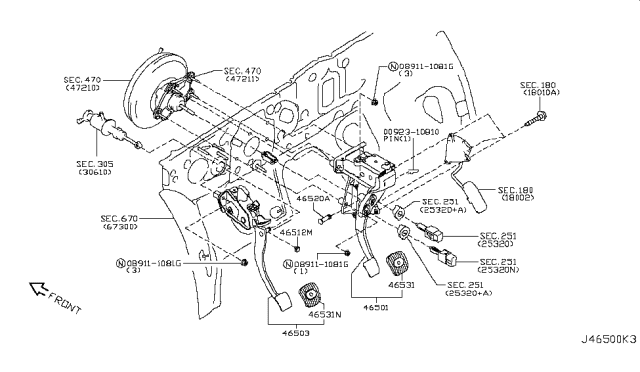 2014 Nissan Cube Pedal Assy-Brake W/Bracket Diagram for 46501-EW715