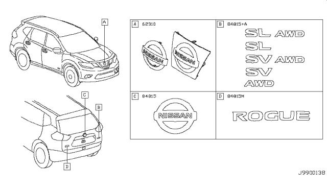 2019 Nissan Rogue Japan Make Emblem & Name Label Diagram 1