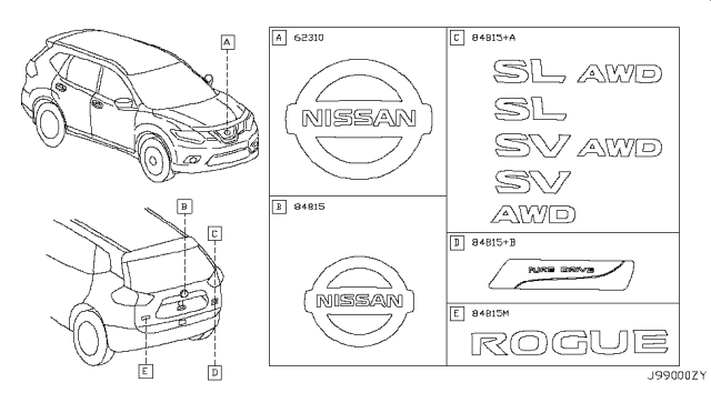 2016 Nissan Rogue Japan Make Emblem & Name Label Diagram 1