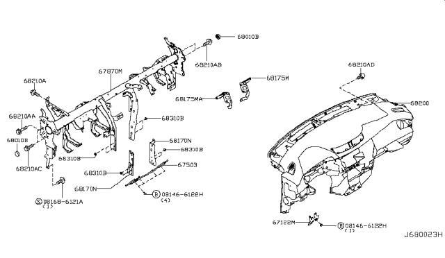 2016 Nissan Rogue Japan Make Instrument Panel,Pad & Cluster Lid Diagram 1