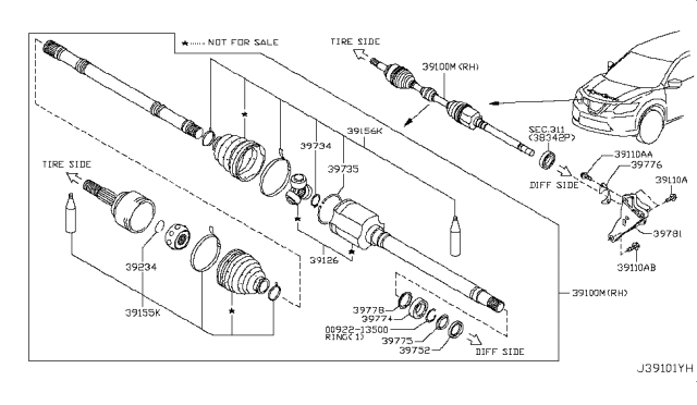 2018 Nissan Rogue Shaft Assembly-Front Drive RH Diagram for 39100-4BA1A