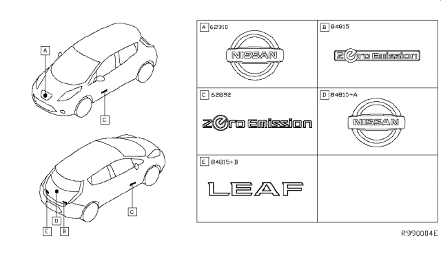 2015 Nissan Leaf Front Emblem Diagram for 62890-3NA0A