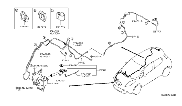 2014 Nissan Leaf Washer Nozzle Assembly,Driver Side Diagram for 28931-3NF0A