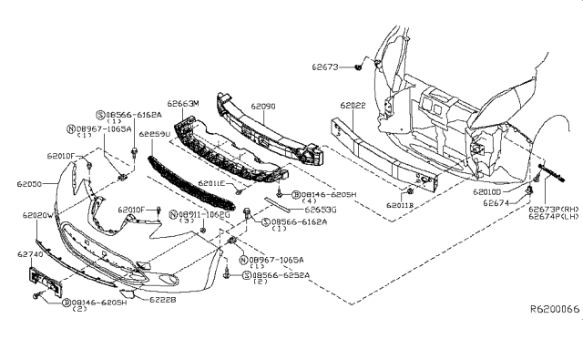 2014 Nissan Leaf Front Bumper Cover Diagram for 62022-3NF1H