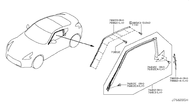 2016 Nissan 370Z Weatherstrip-Body Side,LH Diagram for 76861-1EA0A