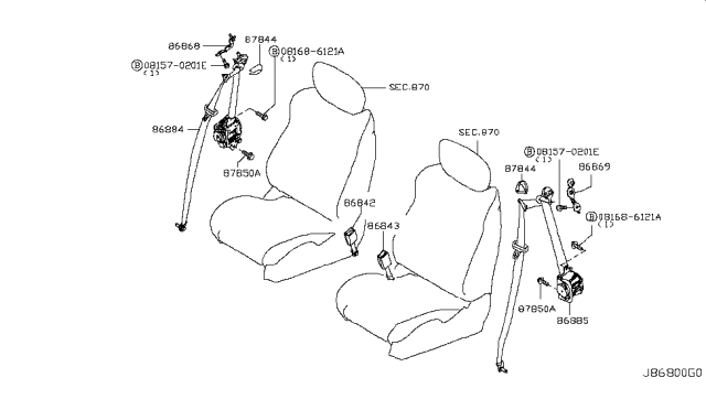 2016 Nissan 370Z Front Seat Buckle Belt Assembly Diagram for 86842-1EA0A