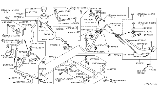 2011 Nissan 370Z Hose - Return, Power Steering Diagram for 49725-JK00C