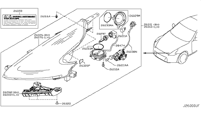 2015 Nissan 370Z Headlamp Housing, Passenger Side Diagram for 26026-6GA2A