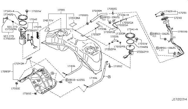 2011 Nissan 370Z Filler Cap Assembly Diagram for 17251-1TG0C