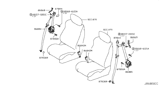 2010 Nissan 370Z Front Seat Buckle Belt Assembly Diagram for 86842-1EA5A