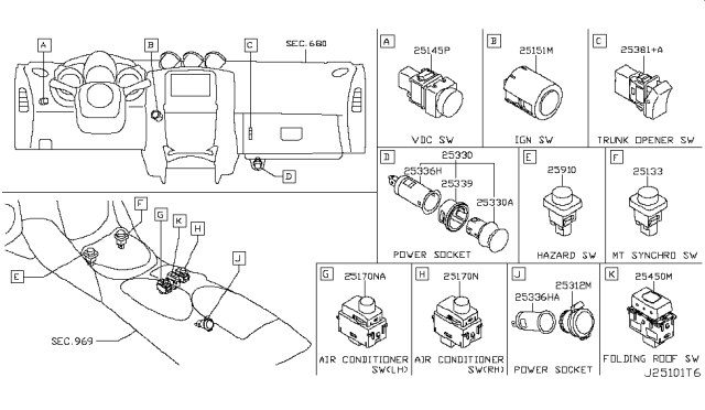 2014 Nissan 370Z Switch Assy-Hazard Diagram for 25290-6GA0A