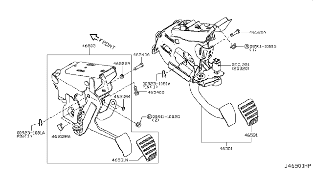2010 Nissan 370Z Pedal Assy-Brake W/Bracket Diagram for 46501-1EA2A