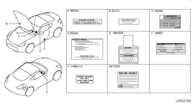 2017 Nissan 370Z Label-Information,Parts Content Diagram for 990A2-6GG0A