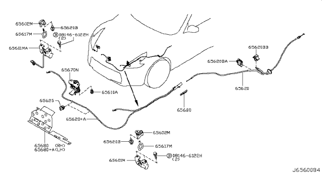 2010 Nissan 370Z Lock Assembly Hood Diagram for 65601-JL60B