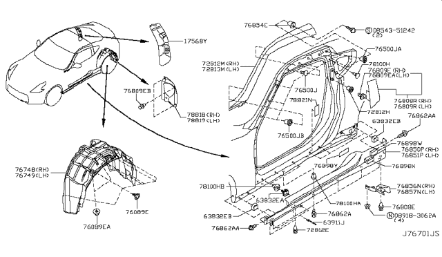 2013 Nissan 370Z Seal-Center Mudguard Diagram for 76896-1EA0A