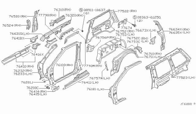 1998 Nissan Quest RH, Inner Rear Wheel Ext Diagram for 76758-0B030