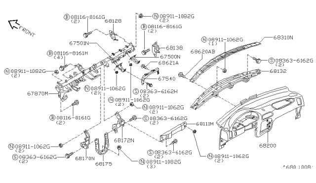 1996 Nissan Quest Bracket Assy-Instrument Stay Diagram for 68175-1B010