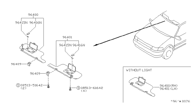 1994 Nissan Quest Left Sun Visor Assembly Diagram for 96401-0B101