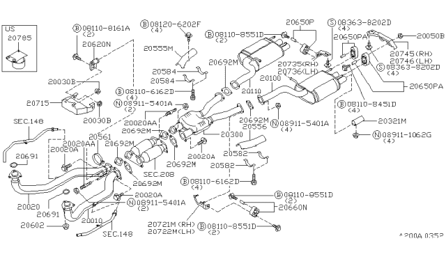 1996 Nissan 300ZX Front Exhaust Tube Assembly Diagram for 20010-54P00