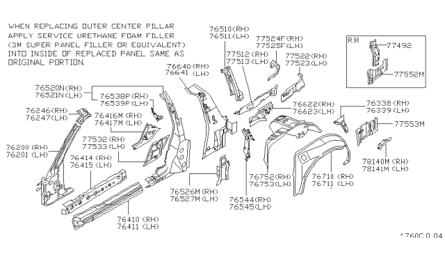 1995 Nissan 300ZX Bracket Assy-Center Pillar Inner,RH Diagram for 76544-46P10