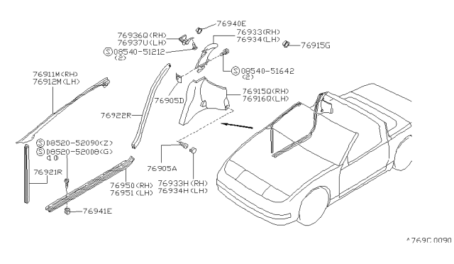 1994 Nissan 300ZX Cap-Rear Pillar,LH Diagram for 76999-46P00