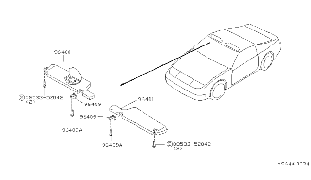 1992 Nissan 300ZX Left Sun Visor Assembly Diagram for 96401-30P03