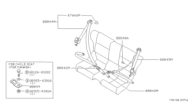 1990 Nissan 300ZX Rear Seat Buckle Belt Assembly Diagram for 88842-32P03