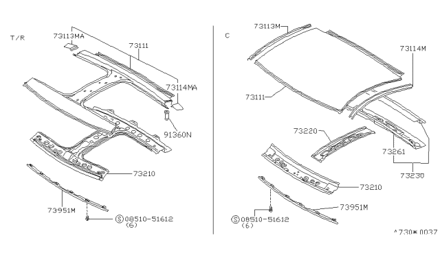 1991 Nissan 300ZX Roof Panel & Fitting Diagram