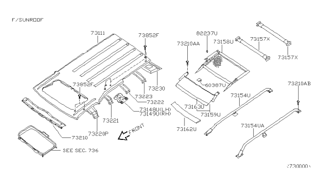 2001 Nissan Xterra Reinforce Roof Rail, RH Diagram for 73148-7Z030